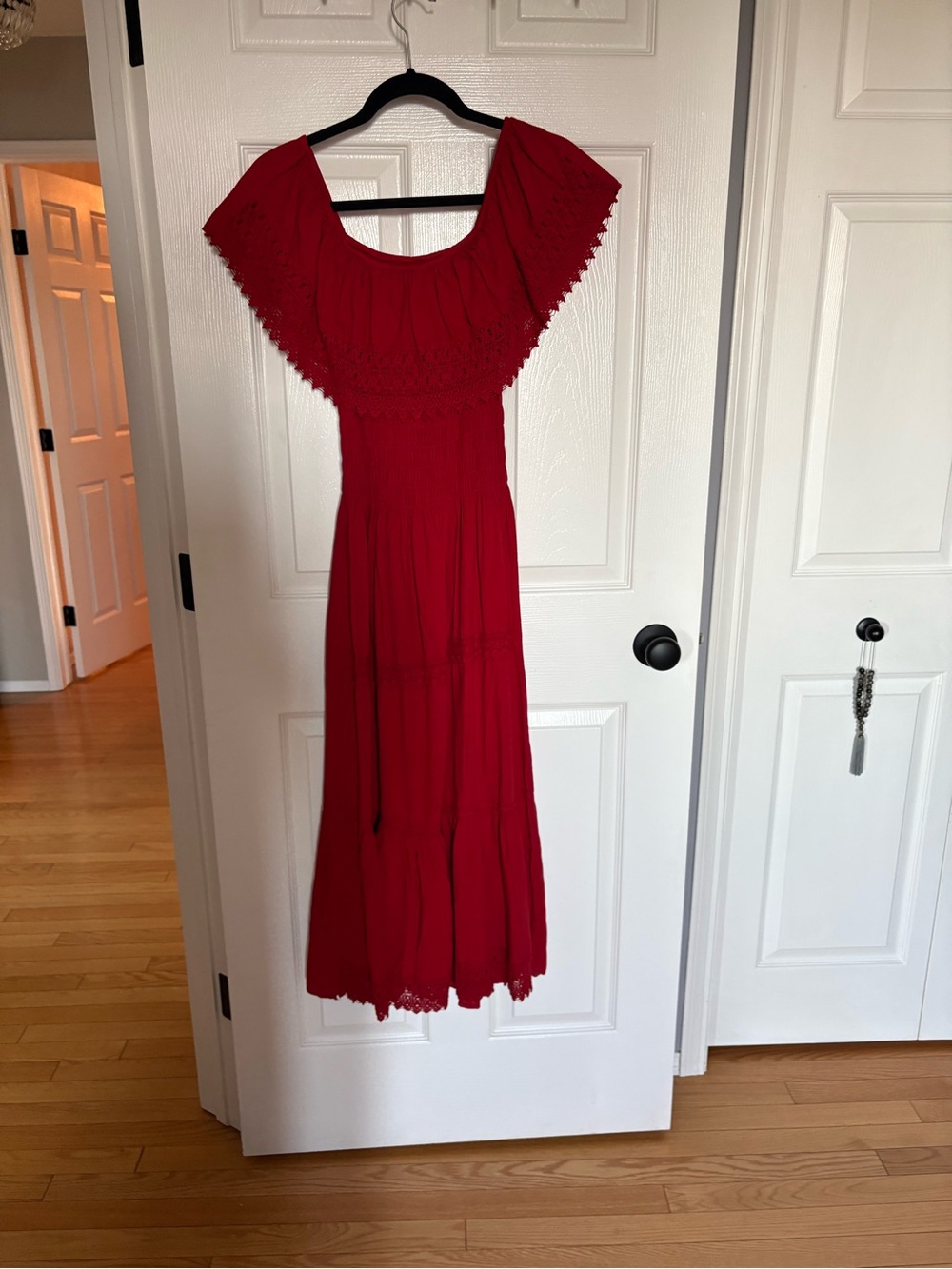 Off-Shoulder Red Maxi Dress with Lace Trim